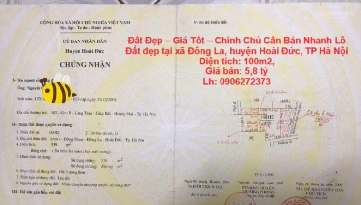 Đất Đẹp – Giá Tốt – Chính Chủ Cần Bán Nhanh Lô Đất đẹp tại xã Đông La, huyện Hoài Đức, TP Hà Nội